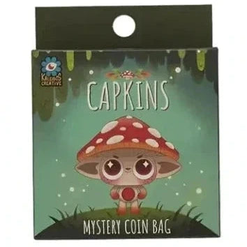A square Capkins Mystery Coin Bag by Kaleidos Creative shows a collectible character with a red mushroom cap and big eyes in a forest scene—an exciting blind box surprise!.
