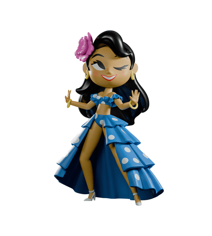 The Chikitas! — Rumberita figurine by Kaleidos Creative features a cartoon-style woman with dark hair, a pink flower, gold earrings, and a blue polka-dot dress playfully posed on a white background.