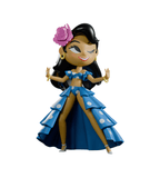 Chikitas! — Rumberita by Kaleidos Creative: A vibrant cartoon woman in a ruffled blue polka dot dress, pink flower, and gold earrings, striking a confident pose inspired by Golden Age Mexican cinema.