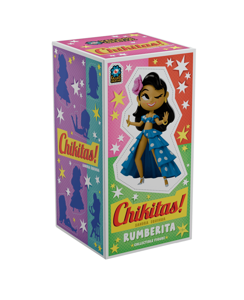 A vibrant box from Kaleidos Creative features Chikitas! — Rumberita, a collectible cartoon dancer inspired by Mexico’s Golden Age cinema, with star and silhouette accents on the packaging.