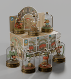 The Kaleidos Creative Cloche Fairies Blind Box includes six collectible fairies under glass domes, each inspired by unique flowers or plants, displayed against a charming illustrated backdrop—perfect for lovers of magical blind box surprises.