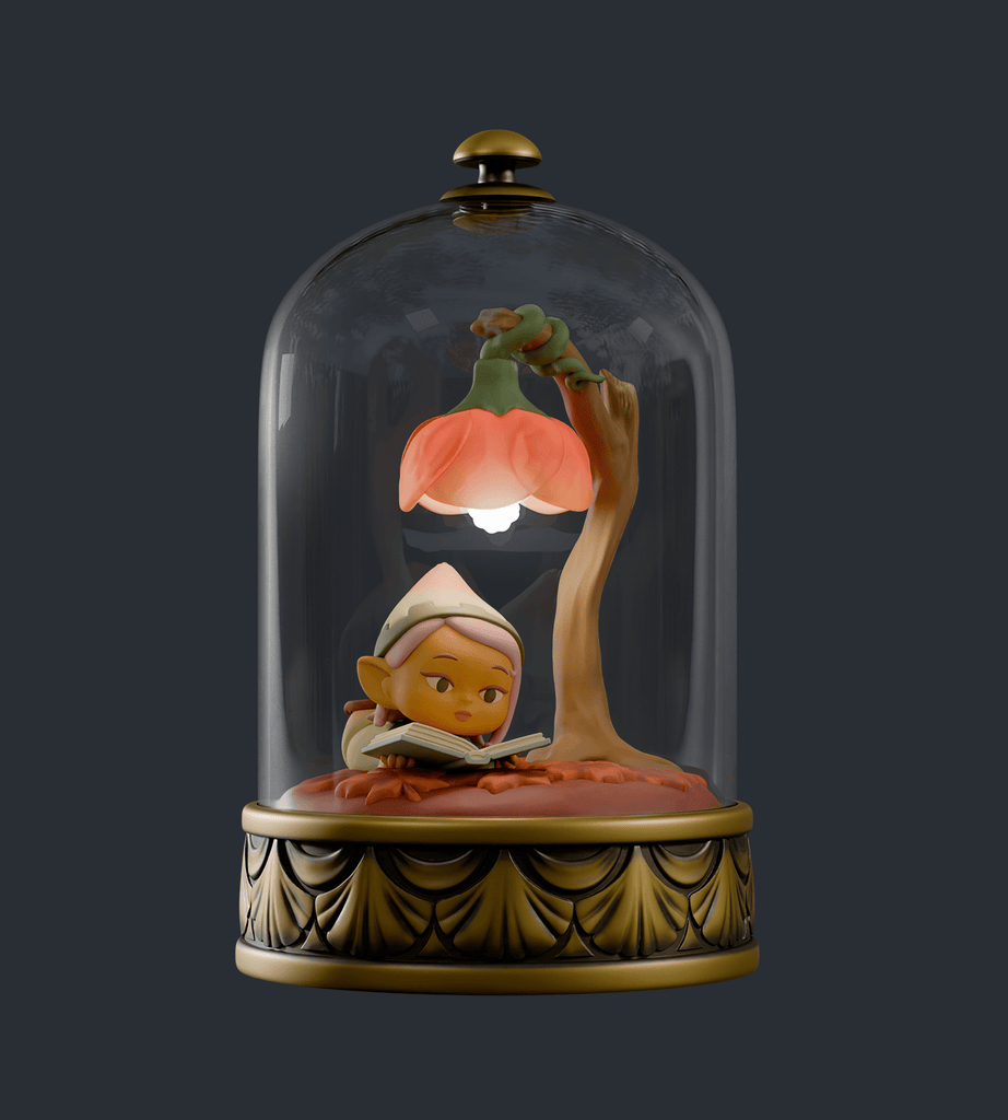 The Cloche Fairies Blind Box by Kaleidos Creative features a charming elf reading under a pumpkin-shaped lamp, encased in a glass dome with a gold base.