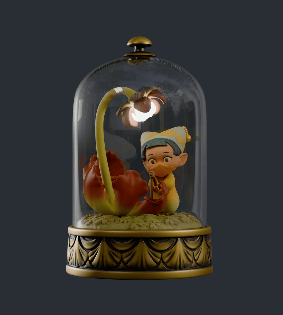 A child figurine in yellow from the Cloche Fairies Blind Box by Kaleidos Creative sits beside a large flower under a glass dome with a gold base, softly glowing like fairies beneath an LED lantern.