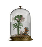 The Cloche Fairies — Hellie by Kaleidos Creative features a small hellebore fairy with a paintbrush at an easel, painting a large flower, all enclosed under a decorative glass cloche with a brass base.