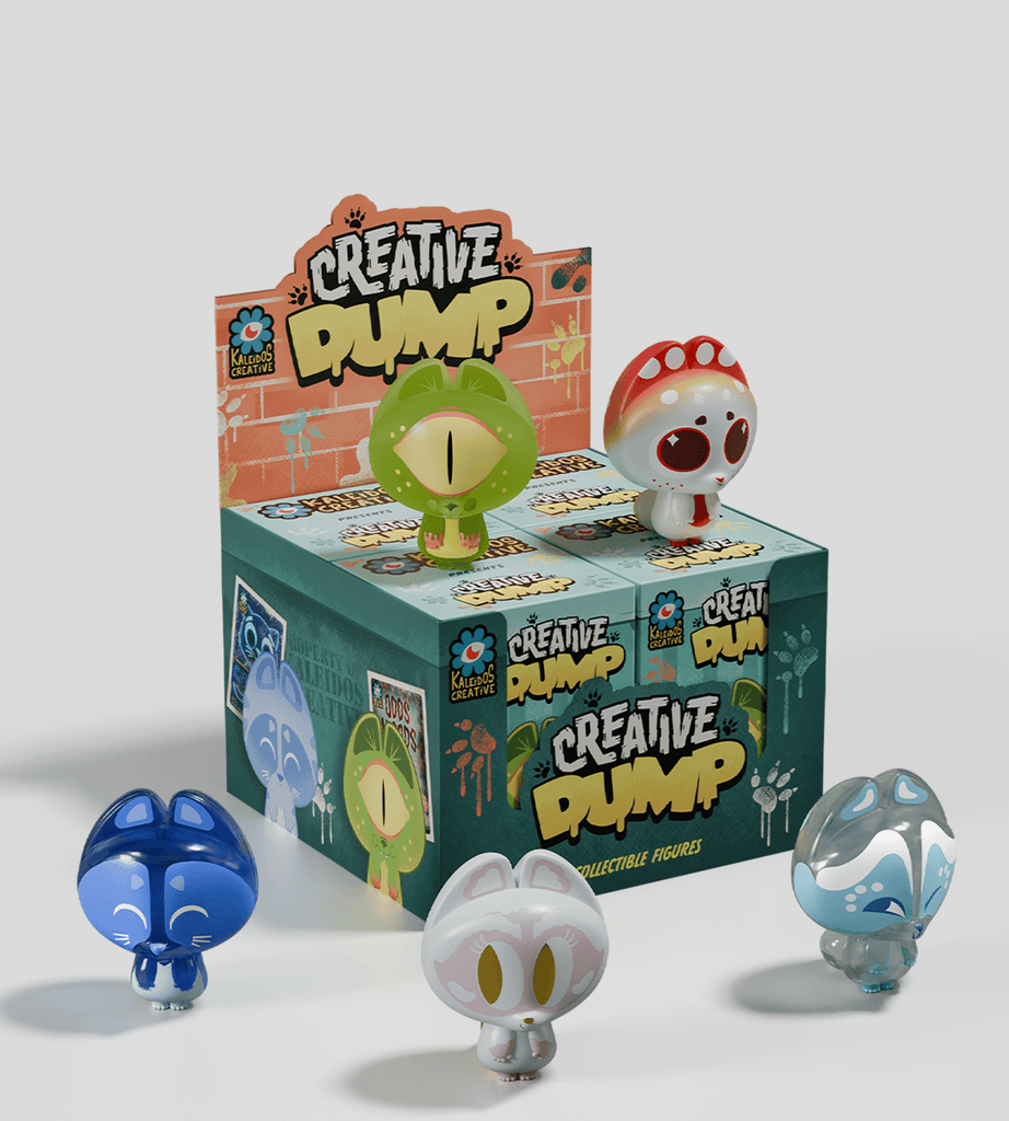 Four vinyl figures with animal and mushroom designs are displayed in front of the Kaleidos Creative Creative Dump Blind Box, featuring vibrant graffiti-style graphics.