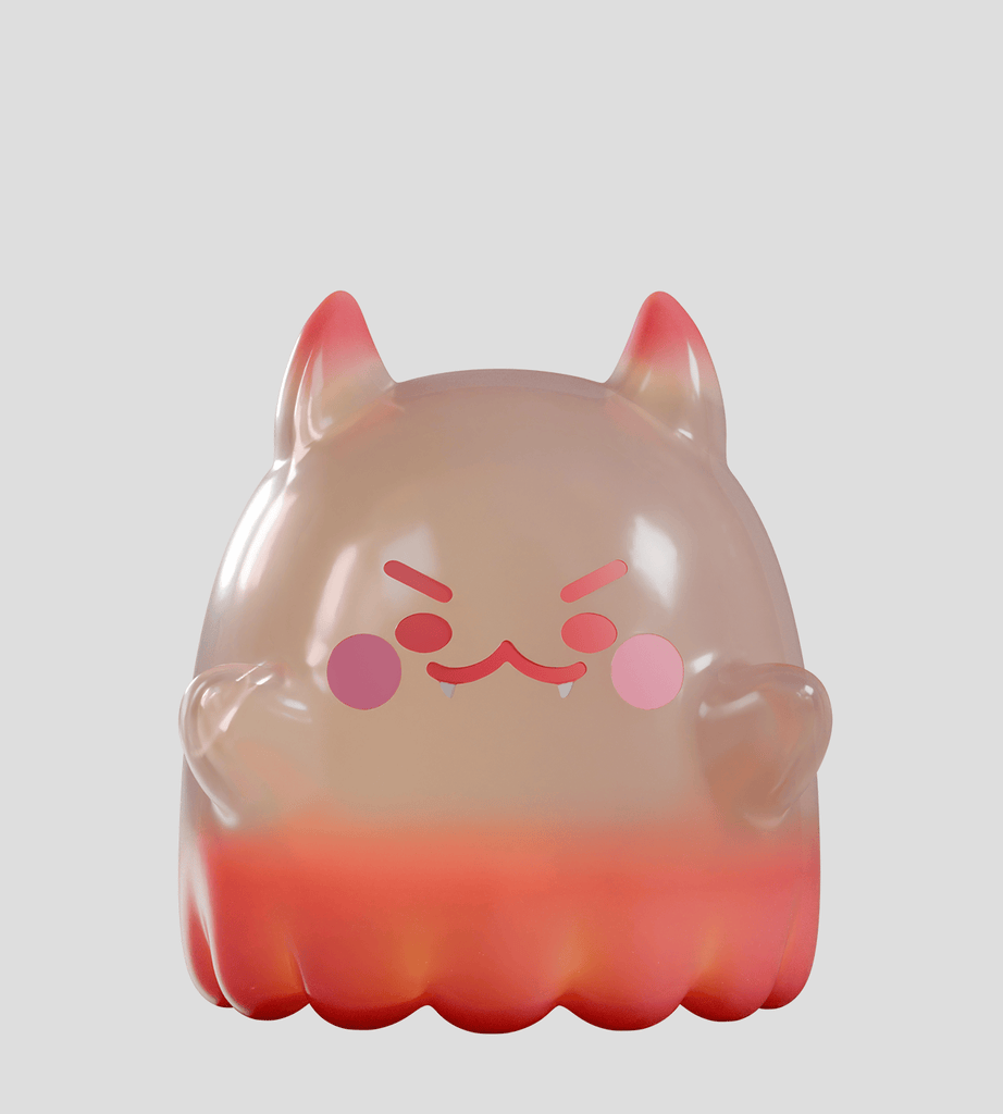 A translucent, cat-shaped rare figure with red accents, pointy ears, blushing cheeks, and a mischievous look—this unique Cute as Heck! Blind Box collectible from Kaleidos Creative pops against a plain gray background.