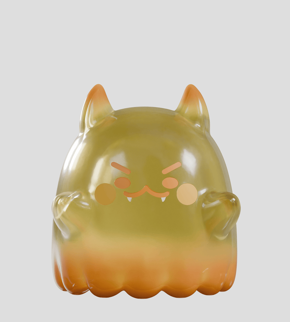 An orange-yellow cat-like figurine with small fangs, round cheeks, and an angry expression from the Cute as Heck! Blind Box by Kaleidos Creative, shown against a plain light gray background.