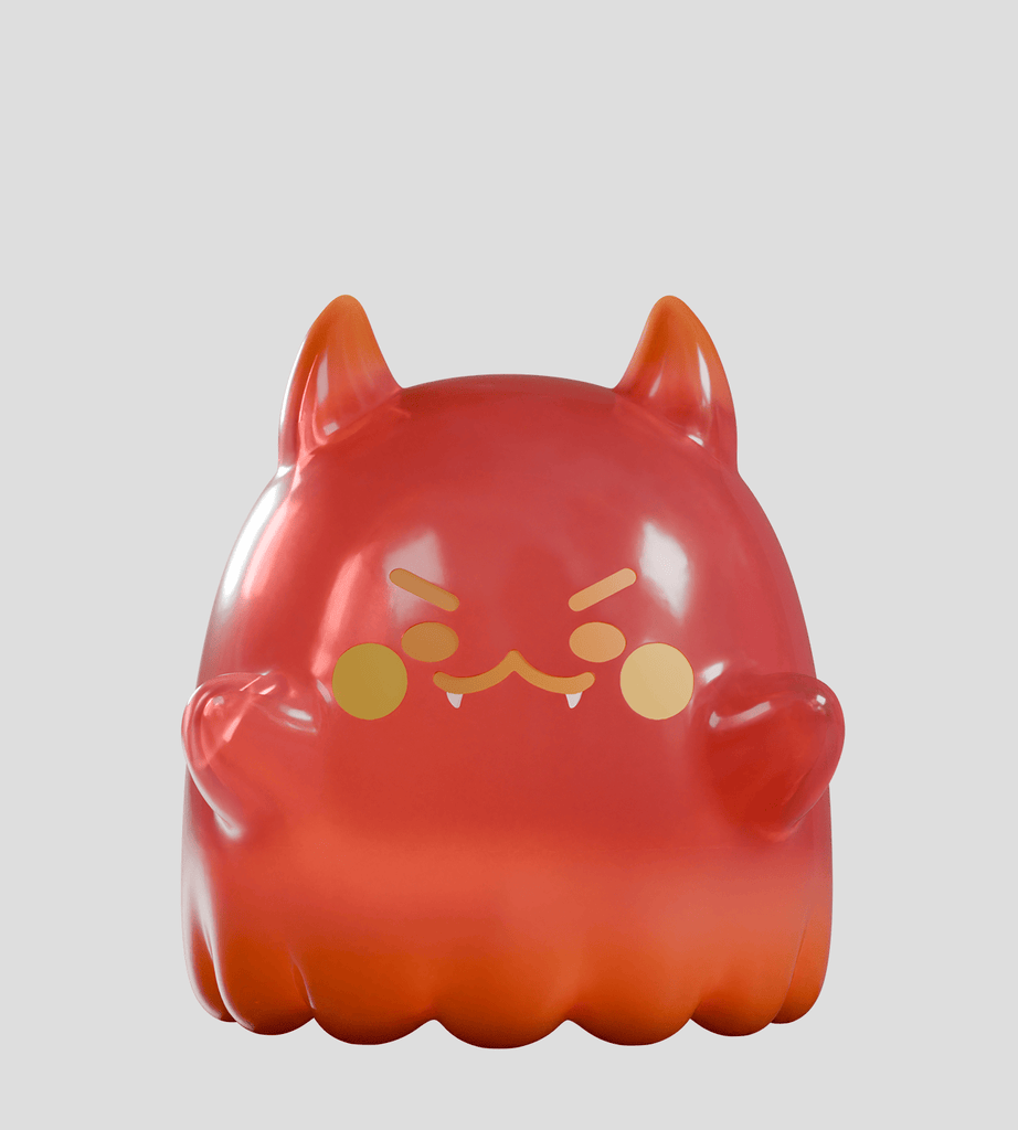 The Cute as Heck! Blind Box by Kaleidos Creative features a red, glossy Heckites cat-like figure with pointed ears, small fangs, yellow facial markings, and rounded arms—perfect for collectible fans and blind box lovers.