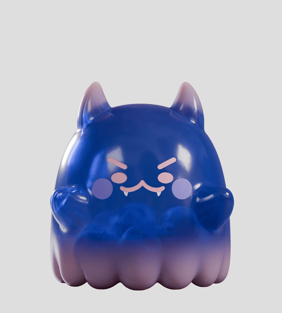 A glossy, purple, cat-like blob with pointed ears, small fangs, and an angry face sits on a light gray background—one of the Cute as Heck! Blind Box collectibles by Kaleidos Creative, perfect for any collection.