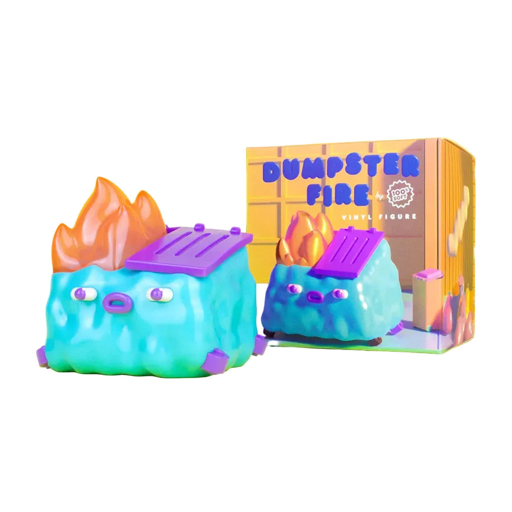 The Dumpster Fire - GlanderCo Vinyl Figure by 100% Soft is a colorful vinyl collectible featuring Julian Glander's blue blobby dumpster with purple accents and orange flames, shown beside its box marked 