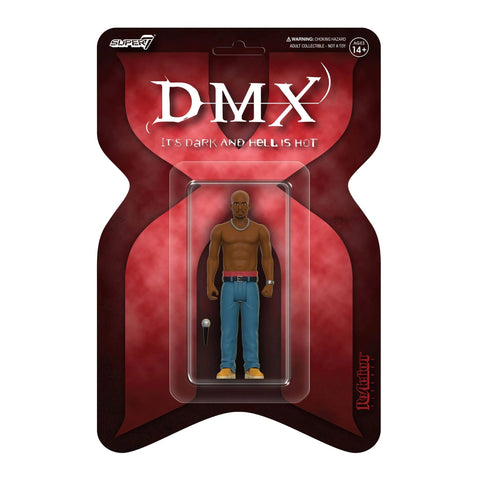 Action figure of rapper DMX in a red and black packaging with the debut album cover art and the text "DMX ReAction - It's Dark And Hell Is Hot" on top, produced by Super 7 (US).