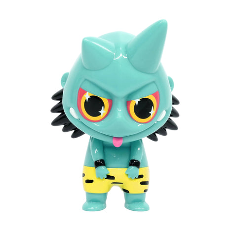 Oniko — Teal by How2Work is a chibi teal figure with two horns, black spiky hair, yellow shorts with black stripes, and a pink tongue out, inspired by Oniki The Ninja Tribe and shown on a white background.