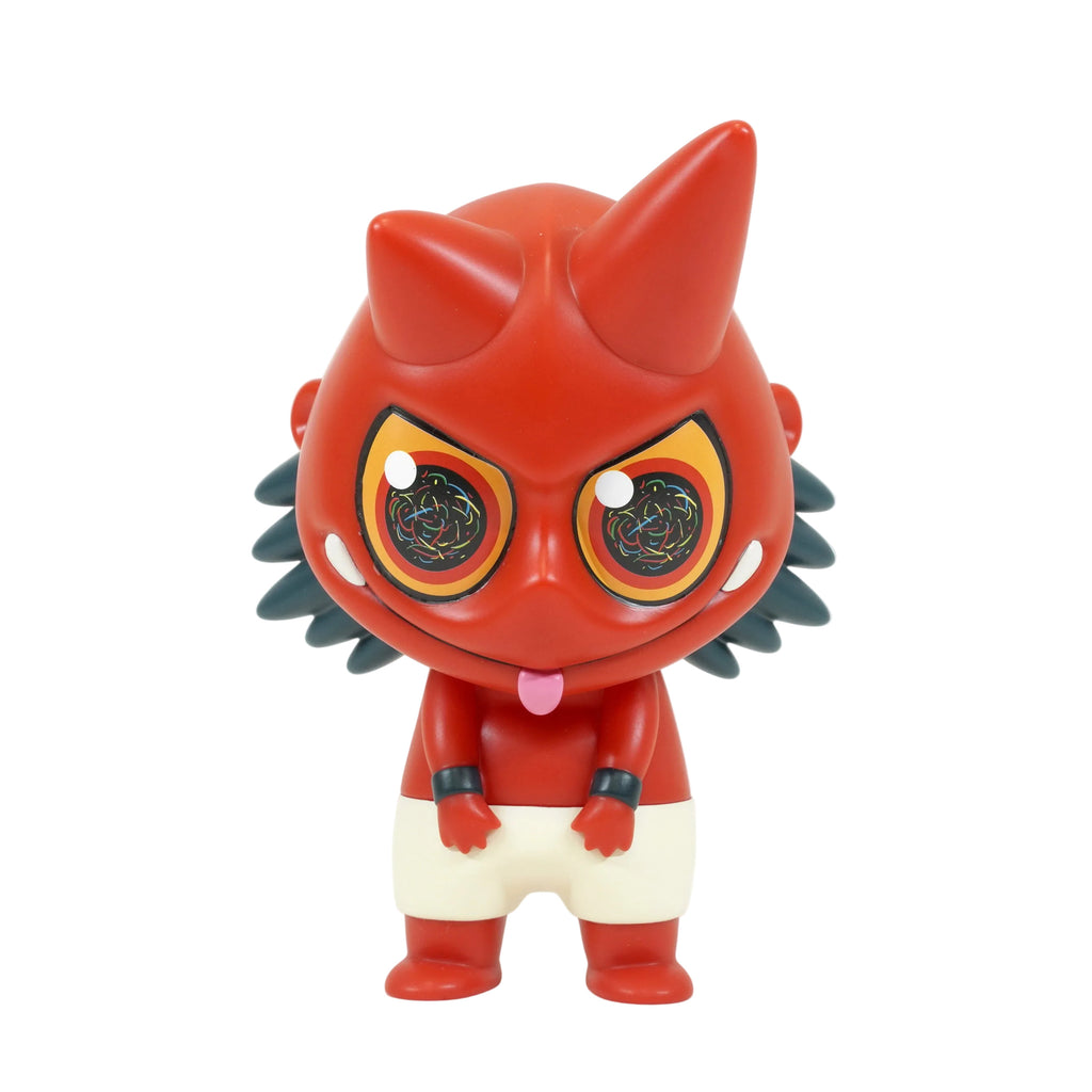 Oniko — Red by How2Work is a chibi figurine with large spiral eyes, two horns, spiked sides of the head, white cheeks, black wristbands, and white shorts, shown against a plain white background.