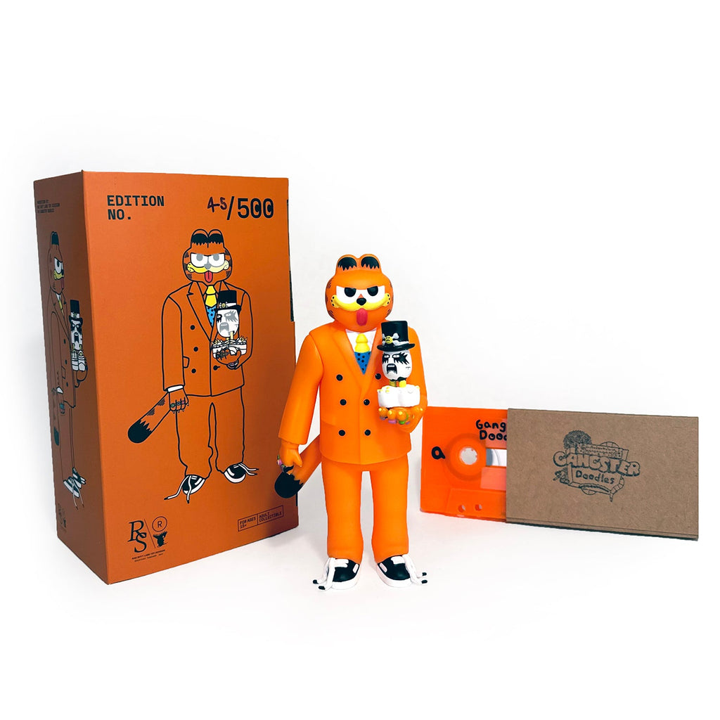The Gangster Doodles GARF Vinyl Toy & Cassette Tape features an orange GARF in a suit with a cat and bat, orange box marked Edition 45/500, Gangster Music Vol 3.5 cassette, and brown envelope—a must-have from Gangster Doodles.