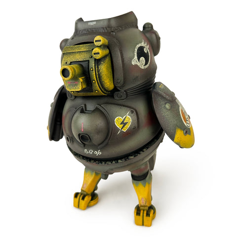 The Birdie Guard by How2Work (HK) is a steampunk-style robot featuring bird-like attributes, gears, and a heart symbol on its side, standing on yellow feet.