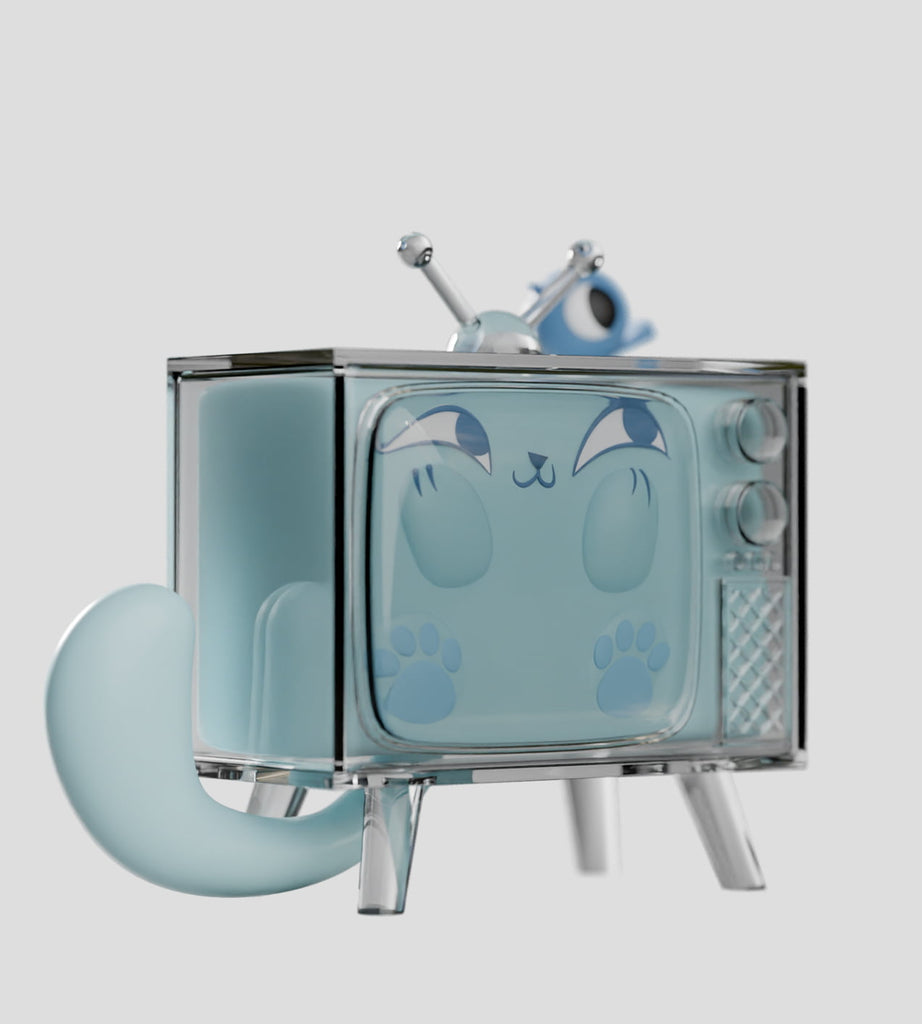 The Kaleidos Creative Ghost Cat Blind Box features a translucent retro TV with cat ears, face, tail, and four legs—ideal for fans of collectible figures and surprise toys, shown against a plain gray background.