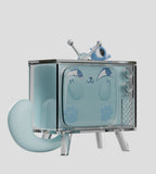 The Kaleidos Creative Ghost Cat Blind Box features a translucent retro TV with cat ears, face, tail, and four legs—ideal for fans of collectible figures and surprise toys, shown against a plain gray background.