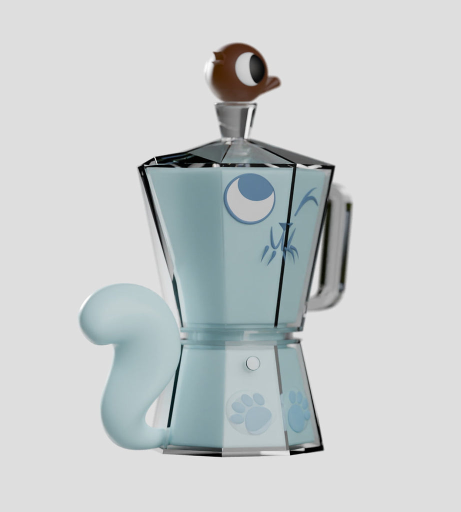 The Ghost Cat Blind Box by Kaleidos Creative is a moka pot with cartoon features—a blue tail handle, paw prints, and a brown head with an eye—making it perfect for collectors of unique Ghost Cat figures.