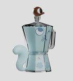 The Ghost Cat Blind Box by Kaleidos Creative is a moka pot with cartoon features—a blue tail handle, paw prints, and a brown head with an eye—making it perfect for collectors of unique Ghost Cat figures.