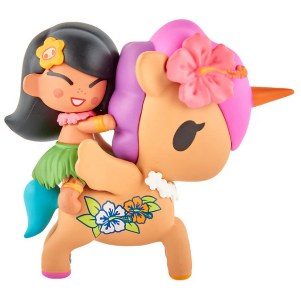 A cartoon girl in a grass skirt with a flower in her hair rides a tan unicorn with pink and purple mane from the tokidoki Hawaiian Ohana Blind Box series.
