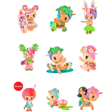 Nine vibrant, Hawaiian-themed cartoon figurines from tokidoki’s Hawaiian Ohana Blind Box are arranged in a 3x3 grid, each adorned with tropical accessories—a must-have for Unicorno collectors.