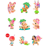Nine vibrant, Hawaiian-themed cartoon figurines from tokidoki’s Hawaiian Ohana Blind Box are arranged in a 3x3 grid, each adorned with tropical accessories—a must-have for Unicorno collectors.