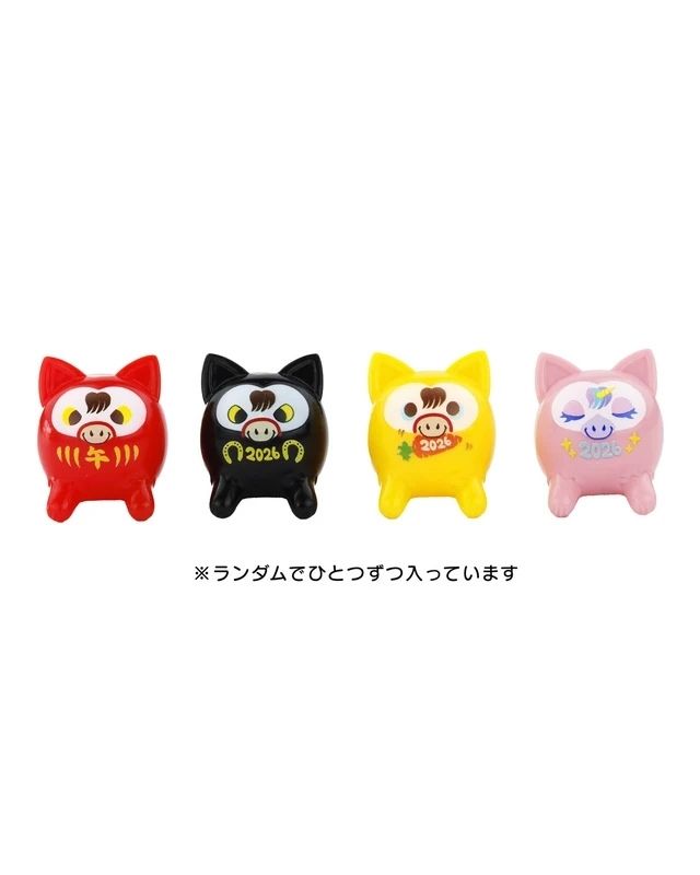 Four colorful pig figurines—red, black, yellow, and pink—are arranged in a row on a white background. Japanese text appears below, identifying the set as the Konatsuya 2026 Happy Set by Konatsuya.