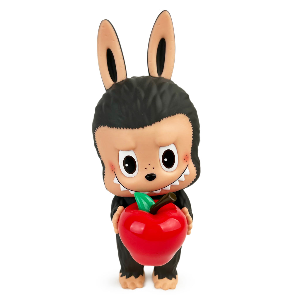 Labubu Alzirr — Apple by How2Work (HK) is a toy figure featuring bunny ears and a dark furry suit, holding a large red apple.