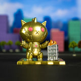 Golden robot cat figure with glowing pink eyes and a small gray building beside it, set against a backdrop of colorful, blurred urban structures. This captivating scene could easily be plucked from a Kaiju Kitties Blind Box collection featuring adorable monsters by 100% Soft.