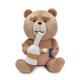 A high-quality plush teddy bear is holding a white and yellow pipe in one hand and a blue lighter in the other, resembling a TED 13