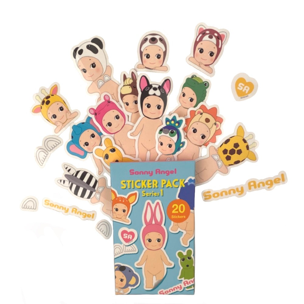 A sticker pack of cartoon baby characters wearing various animal costumes, displayed around an open box labeled 