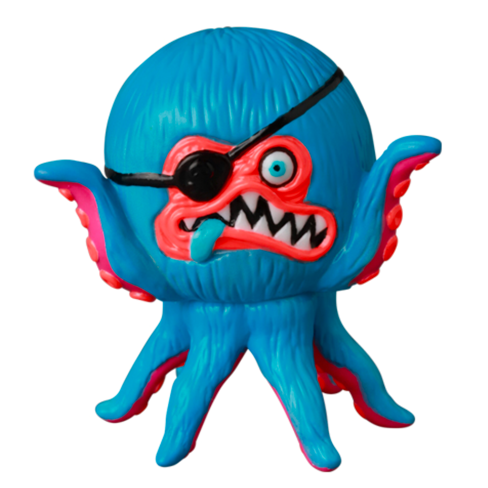 The VAG 40 — AHOY by Shelterbank, a vibrant Japanese vinyl toy from Medicom (JP), showcases an octopus-like creature adorned with an eyepatch, sharp teeth, and a protruding tongue. This colorful figure features blue, red, and pink hues and is a charming addition to the world of Vinyl Artist Gacha collectibles.