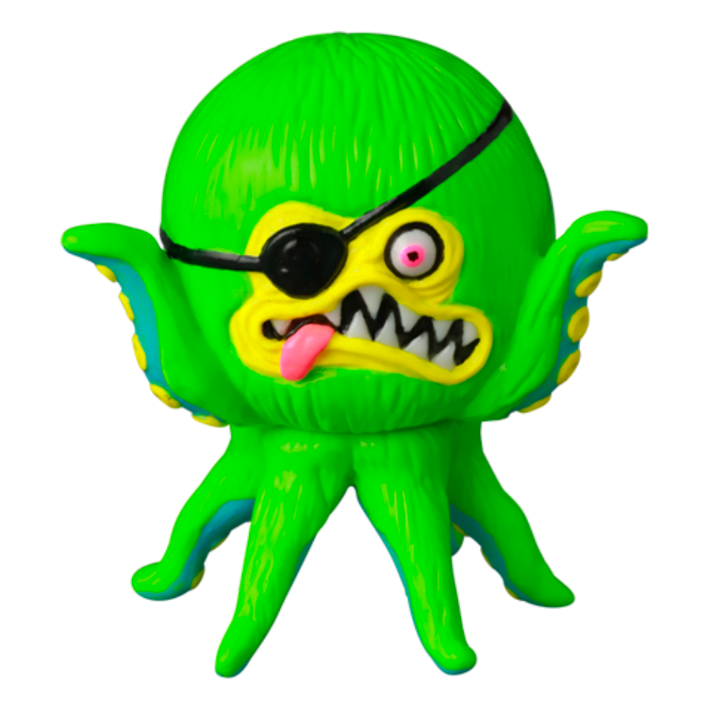 The VAG 40 — AHOY by Shelterbank, with its green cartoonish octopus design featuring a single eye, an eyepatch, and a cheeky display of teeth and tongue, perfectly embodies the quirky charm typical of Japanese vinyl toys produced by Medicom (JP), reminiscent of Vinyl Artist Gacha creations.