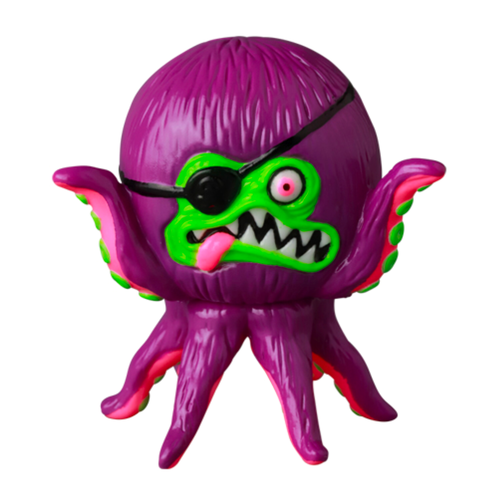 The VAG 40 — AHOY by Shelterbank from Medicom (JP) is a delightful Japanese vinyl toy featuring a purple, one-eyed, octopus-like design. It showcases a charming green face, a playful eyepatch, and sticks out its tongue, capturing the whimsical appeal found in Vinyl Artist Gacha gachapon figures.