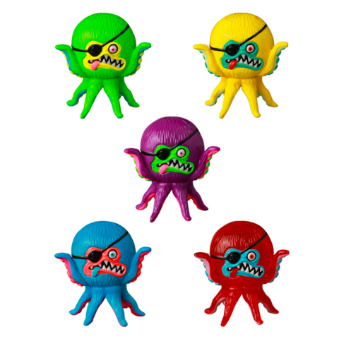 Five colorful VAG 40 — AHOY toy octopuses crafted as Japanese vinyl figures by Shelterbank, featuring eyepatches and sharp teeth in vibrant green, yellow, purple, blue, and red. These charming Medicom (JP) Vinyl Artist Gacha figures make a delightful addition to any collection.