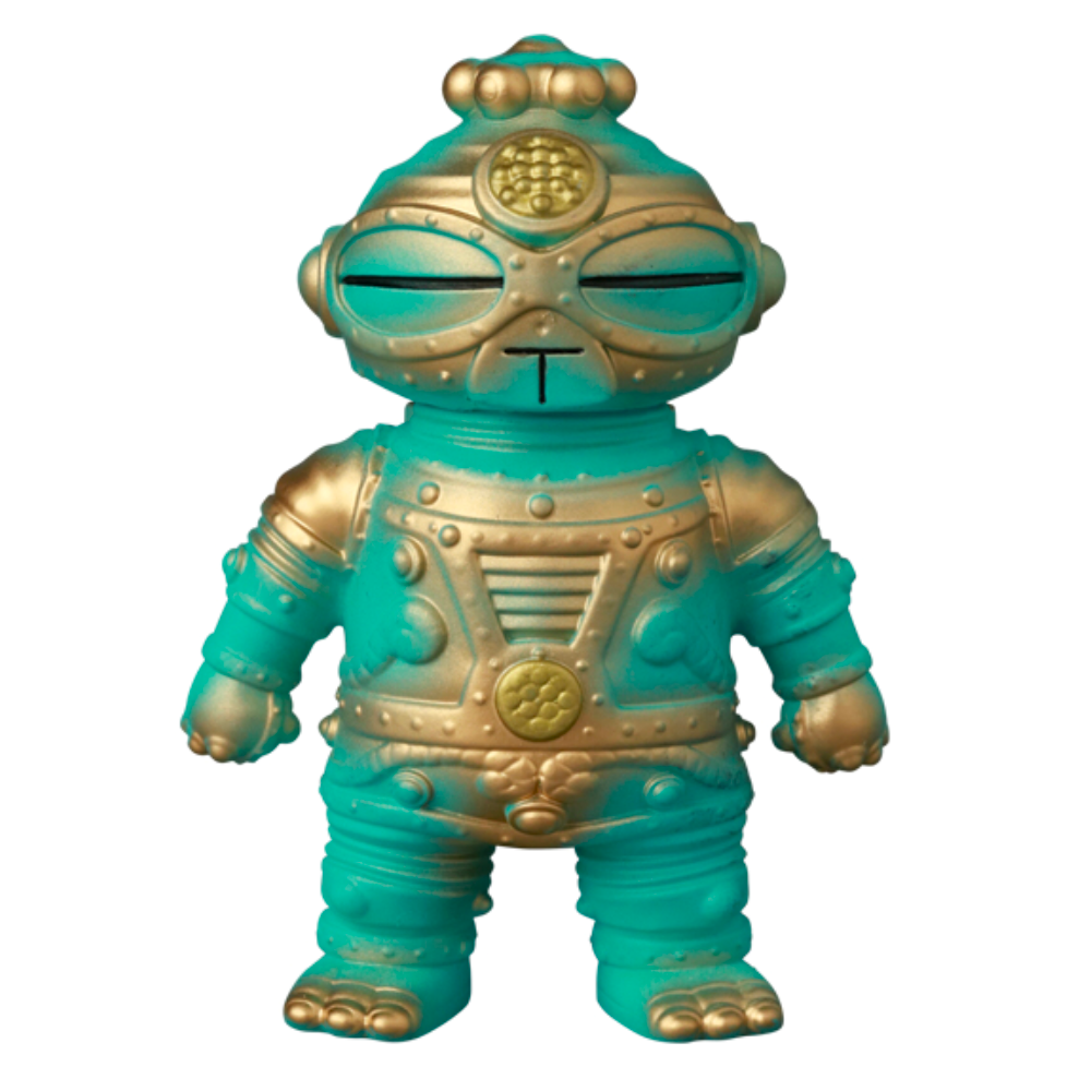 The VAG 40 — Tomodachi Zero Machine by Medicom (JP) is a compact turquoise and gold robot figurine that captures the essence of Japanese vinyl toy artistry with its round body, large eyes, and intricate detailing.