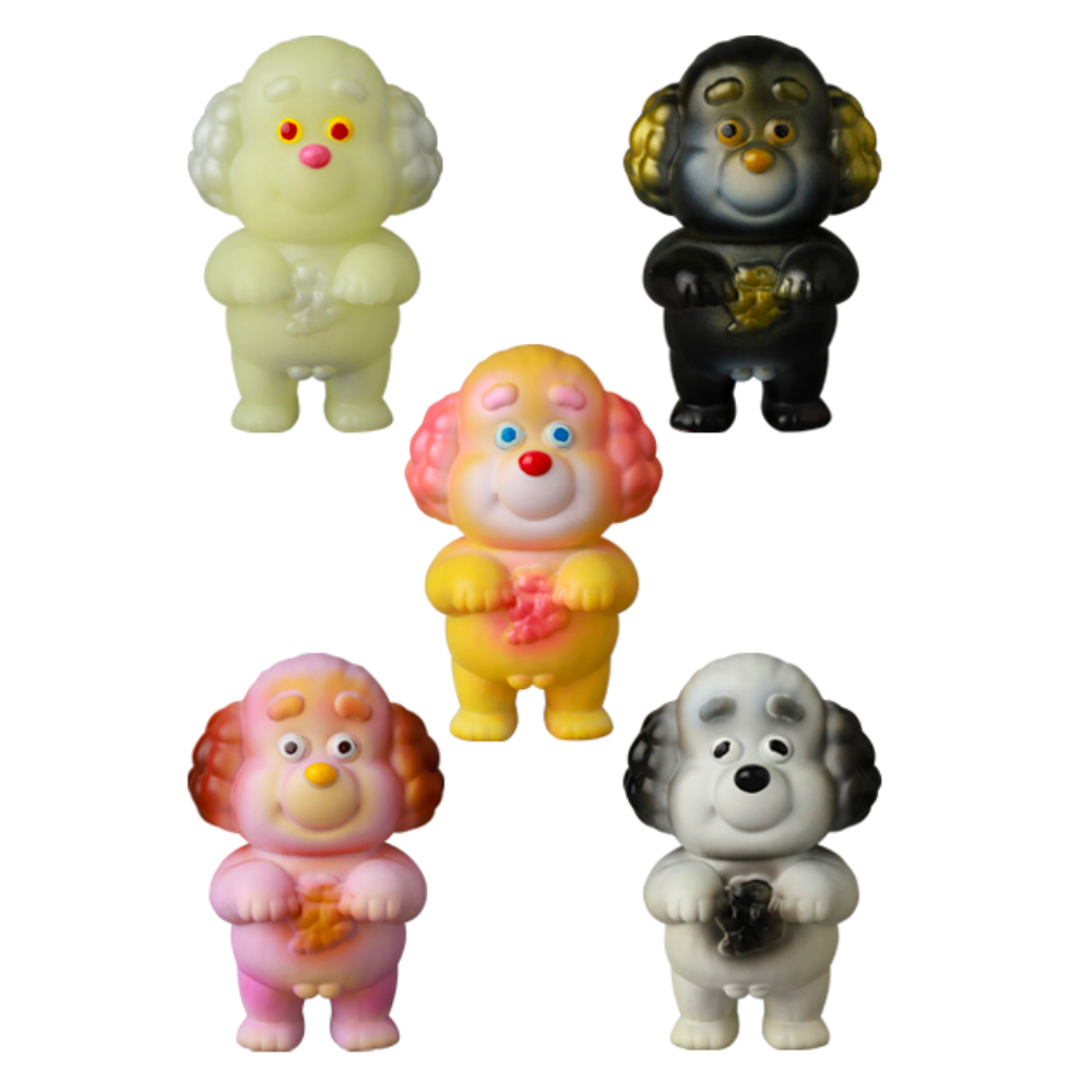 The VAG 40 — Norakoinu Dog figurines from Medicom (JP) feature five vibrant, cartoon-style dog figures with round noses and expressive eyes, each in a unique color, arranged in a symmetrical display. These charming pieces capture the essence of gachapon figures, evoking the appeal of Japanese vinyl toys cherished by collectors.