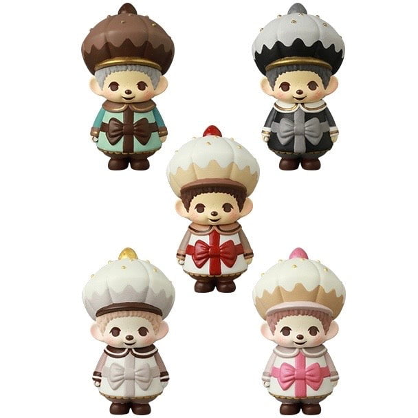 Five Monchhichi Happy Gift Box gachapon figures by Medicom (VAG 45) are arranged in two rows against a white background. Each Japanese vinyl toy sports a unique color scheme, round hat, and front bow.