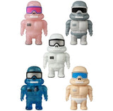 VAG 45 — Space Controller by Medicom (JP): five stylized vinyl toy figures in pink, gray, white, blue transparent, and beige with visors and grinning teeth—perfect for Japanese gacha figure fans.