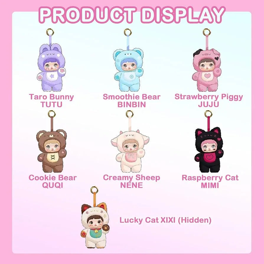 Seven Nommi Loveliness Never Ends Plush Blind Box keychains: a purple bunny, blue bear, pink pig, brown bear, cream sheep, black cat, and a tan cat with a gold coin.