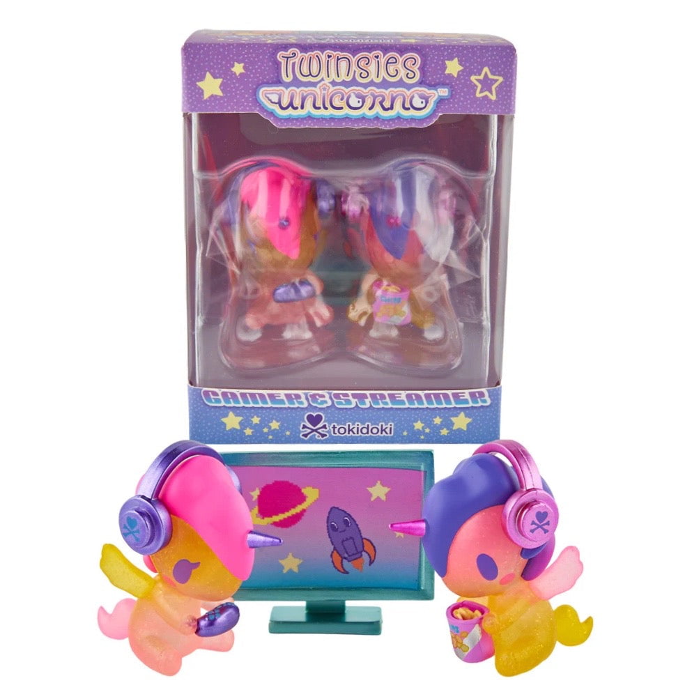 Two Tokidoki Twinsies Unicorno - Gamer & Streamer (Special Edition) figurines with headphones and controllers, plus a tokidoki display box.