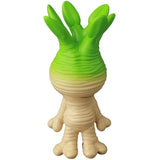 A small beige and green Japanese vinyl toy with a ridged body and three green sprouts on its head, seen from behind—it's VAG 46 — Mandoraguraki by Medicom, part of the charming Vinyl Artist Gacha collection.