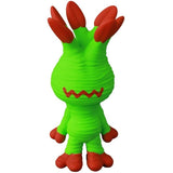 The VAG 46 — Mandoraguraki by Medicom is a green, textured Japanese vinyl figure with four red-tipped horns on its head, a red zigzag mouth, plus red hands and feet, standing upright.