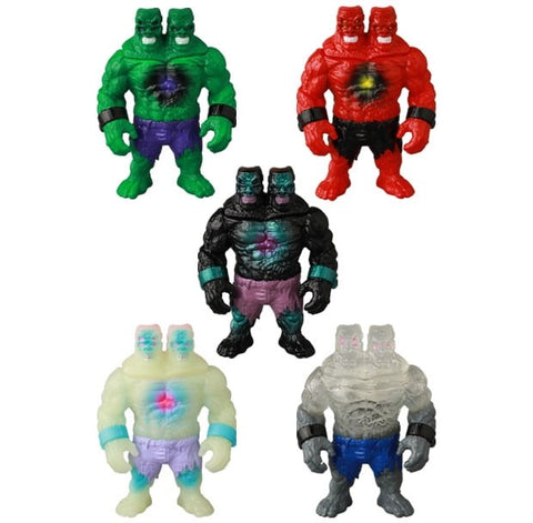The Medicom VAG 46 — Giant Gorilla Franken Mini set features five double-headed monster toys in green, red, black, white, and clear—each with shorts and chest patterns—ideal for Japanese vinyl or Vinyl Artist Gacha collectors.