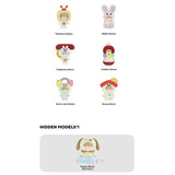 The zZoton — Happy Childhood Blind Box by Finding Unicorn features seven plush toys in charming costumes—TV, rabbit, telephone, tumbler, alarm clock, and house—with a hidden puppy-costumed plush waiting to be discovered.