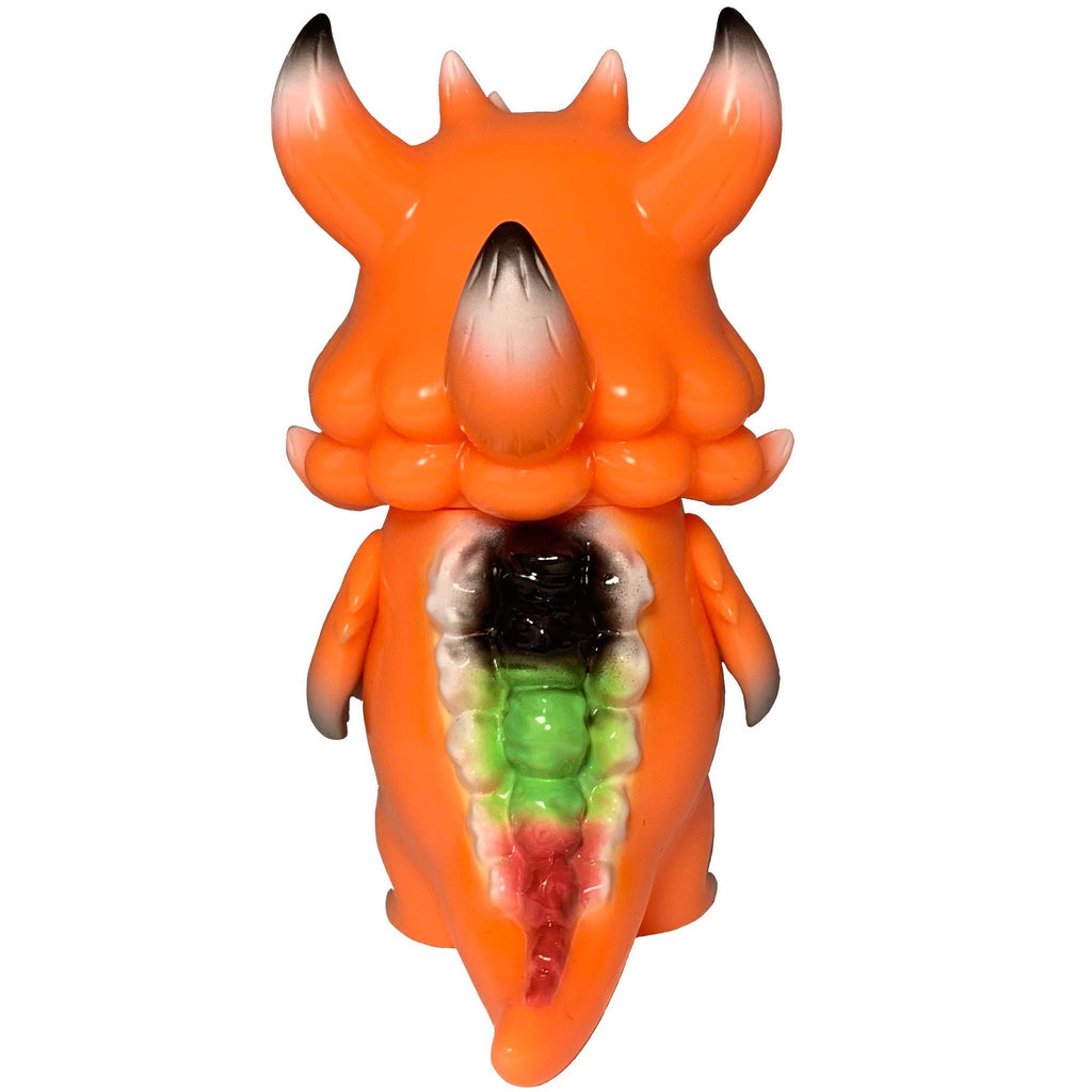 The Little Hut (HK) Rangeas Jr. - Orange: a striking monster figure with horns and a segmented, multicolored exposed spine and tail, shown from the back—an eye-catching collectible toy.