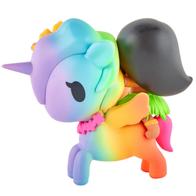 The tokidoki Hawaiian Ohana - Kailani & Anuenue (Special Edition) features a rainbow-bodied unicorn with a pink necklace, orange wings, and black hair—perfect for any Hawaiian toy collectible fan.