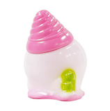 The Seri Norica Kaiju Icey - Strawberry is a plastic figurine shaped like a small house, featuring a pink swirled roof like an ice cream cone, a white body, and a bright green door.