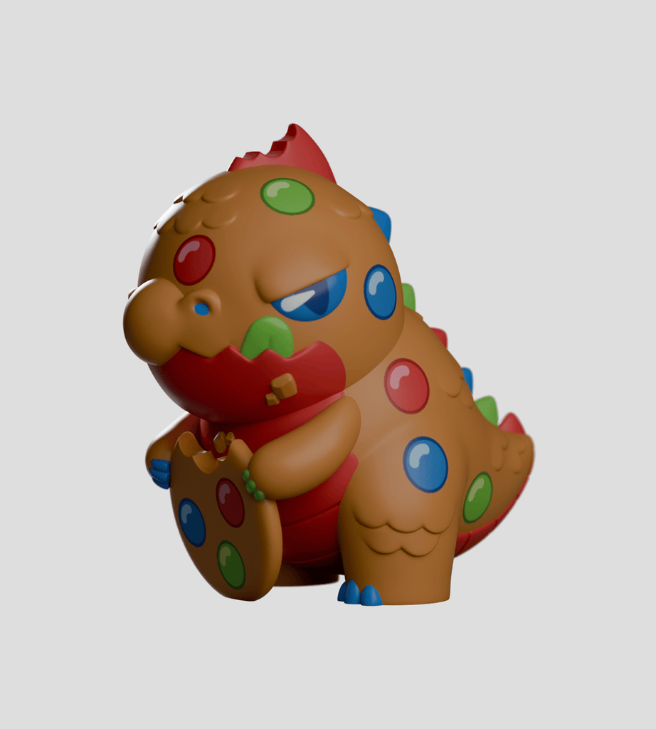 The Kaiju Cookies Blind Box by Kaleidos Creative features a gingerbread dinosaur toy inspired by Kaiju Cookie, with candy spots and a bitten cookie—an adorable collectible for cute creature fans, shown on a simple gray background.