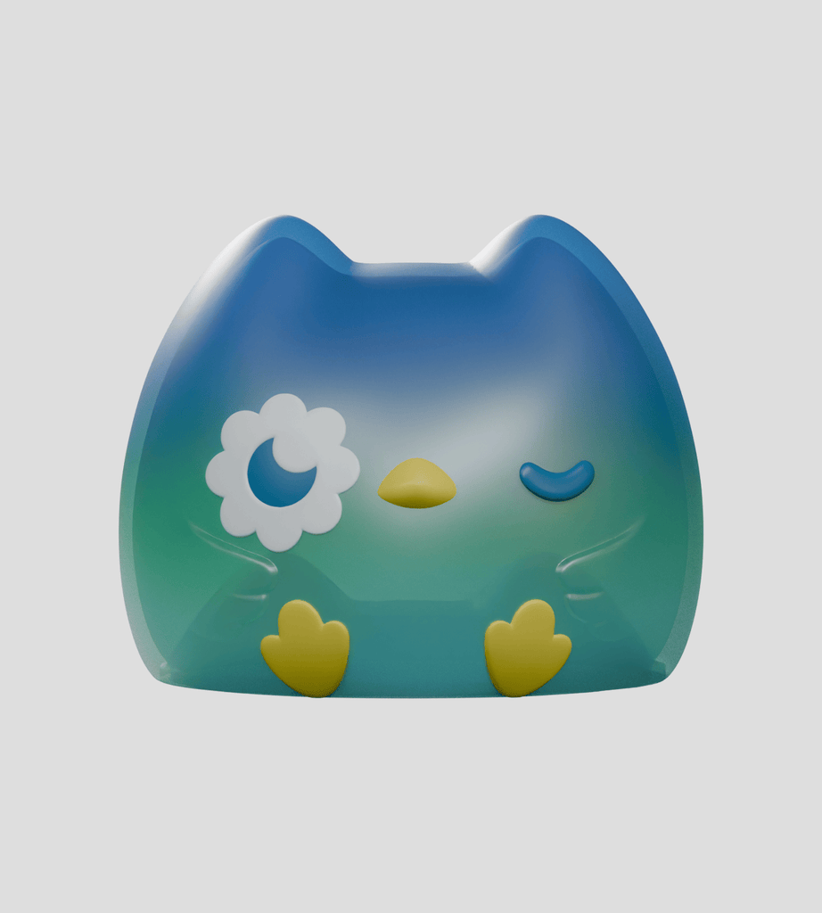 Kairos the Owl Blind Box by Kaleidos Creative features a smooth blue-to-green gradient owl figurine with a daisy-shaped left eye, winking right eye, yellow beak, and two yellow feet—an adorable collectible with owlet charm.